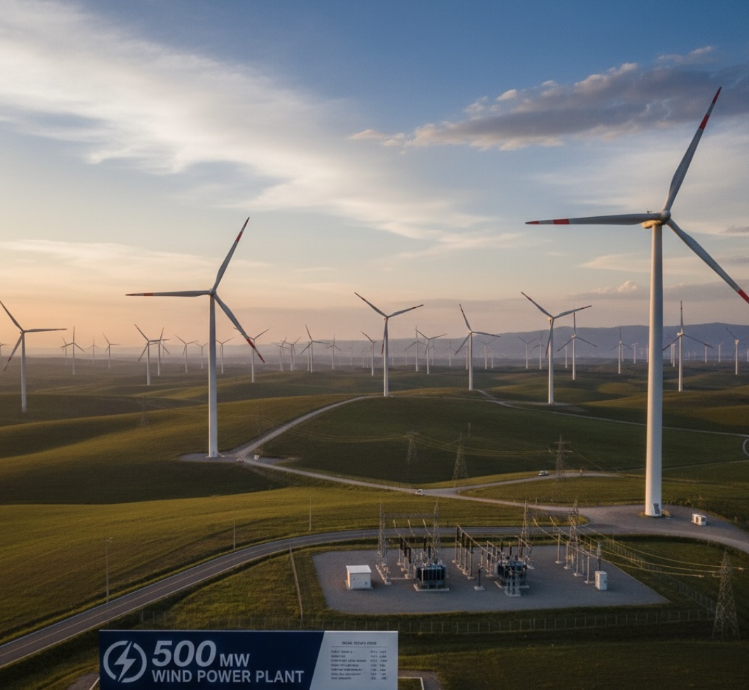 Строительство ветряной электростанции мощностью  500 МВт с системой накопления электроэнергии 150 МВт/300 МВтч
